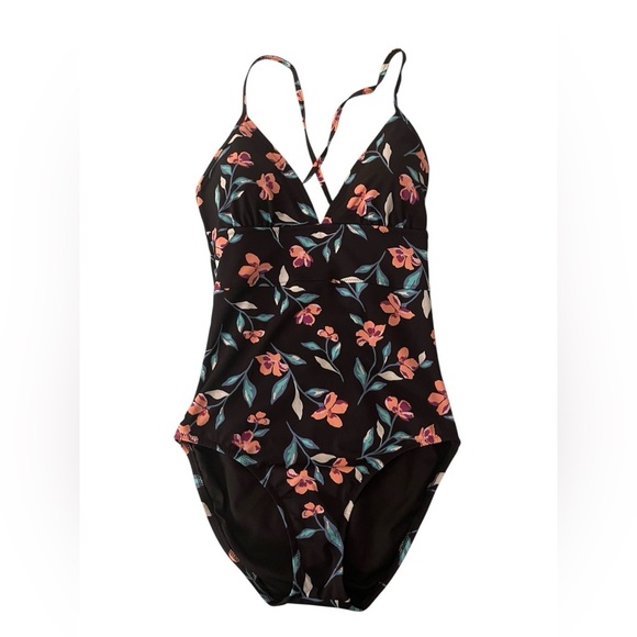 Lands End Women’s One Piece Swimsuit Black Pink Floral Print Slimming Size: 10 - Picture 1 of 7